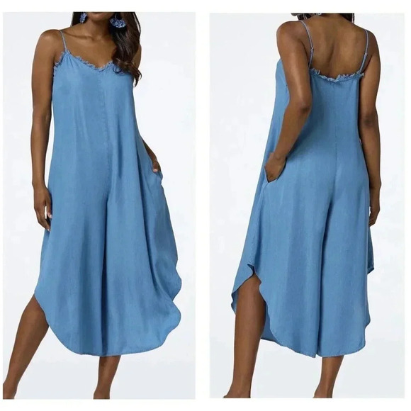 CATO EST 1946 Blue Frayed Chambray Jumpsuit Wide Barrel Leg Size 14w/16w Boho - Picture 1 of 7